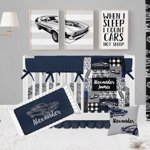 Car Crib Bedding Set, Baby Boy Crib Bedding, Crib Sheets Boy, Car Nursery Bedding, Classic Cars Nursery Theme, Muscle Car, Blue, Black, Gray