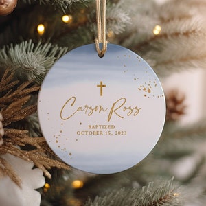 Personalized Baptism Ornament, Cross Ornament, Custom Baptism Gift For Boy, Blue Watercolor Christmas Ornament, Christening Gift Godparent