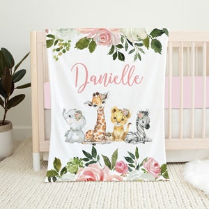 Personalized Safari Baby Blanket, Baby Name Blanket, Baby Girl Blanket, Safari Baby Bedding, Baby Shower Gift, Floral Safari Animals Blanket