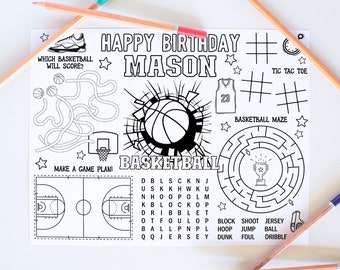 Basketball Coloring Placemat, Basketball Birthday Coloring Placemat, Personalized Basketball Activity Sheet Printable, Custom Coloring Pages