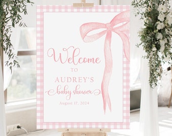 Pink Gingham Baby Shower Sign Girl, Pink Bow Baby Shower Welcome Sign Girl, Bow Baby Shower Poster Board, Baby Girl Baby Shower Decorations