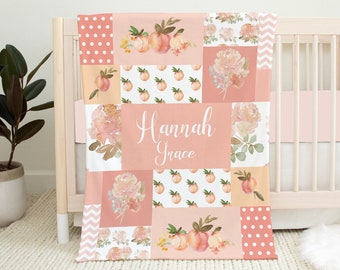Personalized Peach Baby Blanket, Baby Girl Blanket, Baby Shower Gift, Peach Crib Bedding, Baby Name Blanket, Floral Peach Nursery Coral Baby