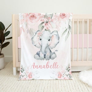 Personalized Elephant Blanket, Custom Baby Girl Blanket, Pink Floral Elephant Baby Blanket, Elephant Crib Bedding Girl, Baby Shower Gift