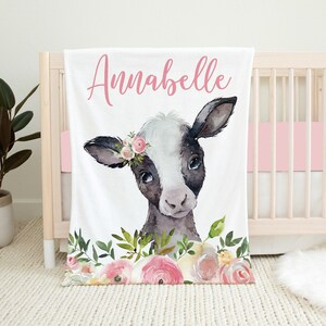 Personalized Cow Baby Blanket, Floral Baby Blanket, Baby Girl Blanket, Baby Shower Gift, Cow Crib Bedding, Cow Baby Gift, Girl Cow Nursery