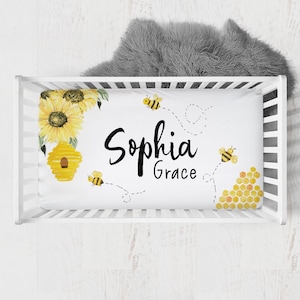 Personalisiertes Bienen-Bettwäsche-Bettlaken, Bettlaken-Mädchen, Hummel-Krippenbettwäsche, Sonnenblumen-Krippenbettwäsche, Bumble-Bee-Kinderzimmer-Bettwäsche-gelb