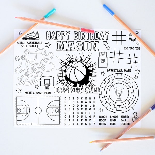 Basketball Coloring Placemat, Basketball Birthday Coloring Placemat, Personalized Basketball Activity Sheet Printable, Custom Coloring Pages