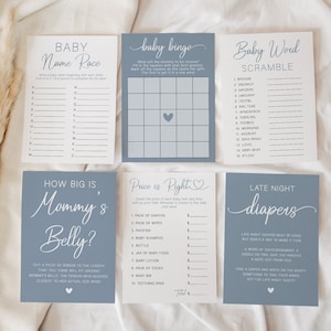 May include: A set of ten blue and white baby shower game cards. The cards include games like "Baby Name Race", "Baby Bingo", "Baby Word Scramble", "How Big is Mommy's Belly?", "Price is Right", and "Late Night Diapers".