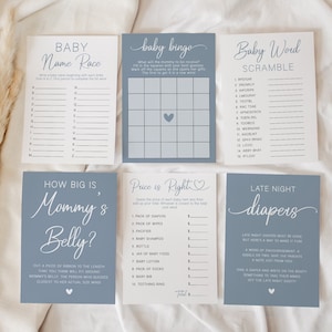 Boho Baby Shower Games Bundle, Boy Baby Shower Bundle, Blue Baby Shower Games Printable, Minimalist Baby Shower Games Instant Download, OB1 画像 1