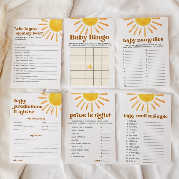 Boho Sun Baby Shower Games Bundle, Sunshine Baby Shower Bundle, Baby Shower Games Printable Download, Here Comes The Sun Baby Shower, SBS2