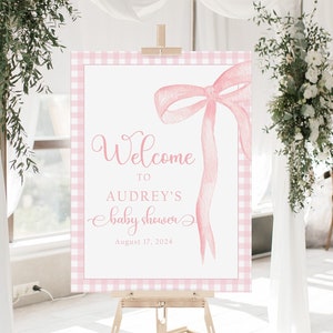 Letrero de bienvenida para baby shower de cuadros vichy rosas para niña, letrero de bienvenida para baby shower con lazo rosa para niña, cartel de bienvenida para baby shower con lazo, decoraciones para baby shower de niña