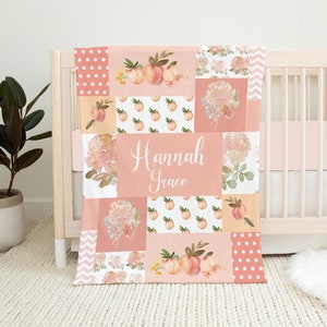 Personalized Peach Baby Blanket, Baby Girl Blanket, Baby Shower Gift, Peach Crib Bedding, Baby Name Blanket, Floral Peach Nursery Coral Baby