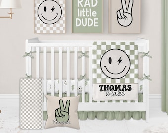 Baby Boy Crib Bedding Set, Neutral Boy Nursery Decor, Smile Face Checkered Crib Sheets, Baby Bedding Crib Sets Boy, Sage Green Crib Bedding