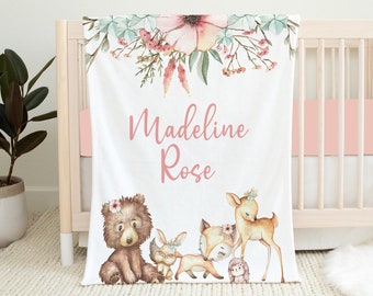 Personalized Woodland Baby Blanket, Baby Girl Blanket, Woodland Nursery, Woodland Crib Bedding, Baby Shower Gift, Baby Name Blanket, Floral