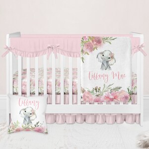 Floral Girl Crib Bedding, Elephant Baby Bedding Set, Personalized Crib Bedding Set, Floral Elephant Nursery, Personalized Baby Blanket