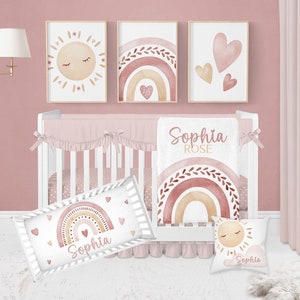 Rainbow Crib Bedding Set Girl, Baby Girl Crib Bedding Set, Boho Crib Bedding, Boho Rainbow Nursery Bedding, Pink Baby Bedding Crib Sets Girl