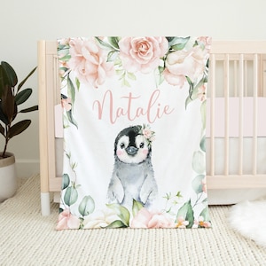 Personalisierte Pinguin Decke, Geblümte Babydecke, Baby Mädchen Decke, Benutzerdefinierte Namensdecke, Baby Shower Geschenk, Pinguin Baby Decke, Kleinkind