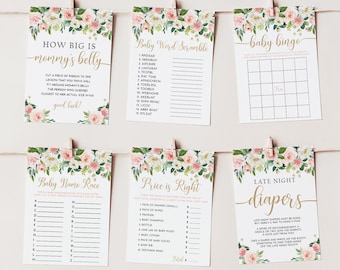 Bloemenbundel babyshowergames, blush roze bloemen babyshowerbundel, babyshowergames afdrukbaar, roze babygames direct downloaden, PFB1