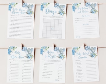 Olifant babyshower spelletjesbundel, blauwe olifant babyshowerbundel direct downloaden, babyshower jongen spelletjespakket, afdrukbare games BBE5