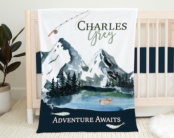 Personalized Adventure Awaits Blanket, Baby Boy Blanket, Fishing Blanket, Baby Shower Gift, Adventure Crib Bedding, Mountain Baby Blanket