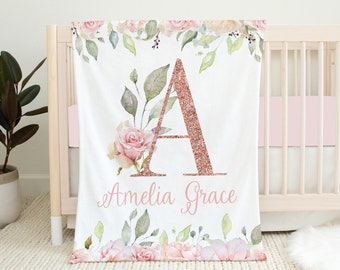 Manta de bebé floral personalizada, manta de monograma floral rosa, manta de niña, manta de nombre de bebé, regalo de baby shower de nueva mamá, oro rosa