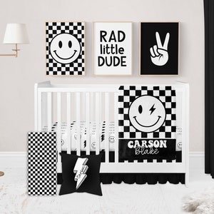 Baby Boy Crib Bedding Set, Black And White Crib Bedding, Retro Nursery Decor, Smile Face Checker Crib Sheets Boy, Baby Bedding Crib Sets Boy