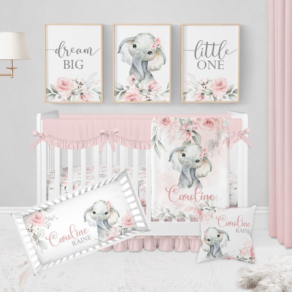 Elephant Crib Bedding Set Girl, Baby Girl Crib Bedding Set, Baby Bedding Crib Sets Girl, Pink Floral Crib Bedding, Elephant Nursery Decor