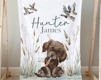 Manta personalizada de pato real para bebé, ropa de cama para cuna de pato real para niño, guardería de caza de patos, regalo para baby shower, manta de perro de caza para bebé niño
