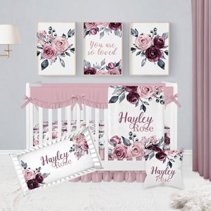 Floral Crib Bedding Set, Baby Girl Crib Bedding, Personalized Baby Blanket, Rose Floral Nursery, Girl Nursery Bedding, Pink, Purple, Mauve