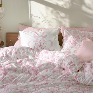 Pink Coquette Bedding Set, Preppy Duvet Cover Set, Pink Bow Bedding Twin, Dorm Bedding, Floral Coquette Comforter, Queen, King, Cute Bedding