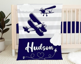 Personalized Airplane Blanket, Baby Boy Blanket, Christmas Gift For Kids, Airplane Crib Bedding, Baby Name Blanket, Airplane Baby Blanket