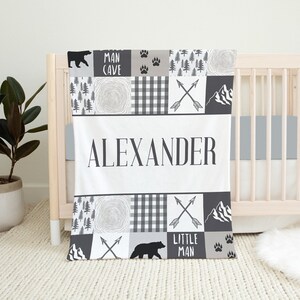 Personalized Woodland Baby Blanket, Baby Name Blanket, Baby Boy Blanket, Woodland Crib Bedding, Baby Shower Gift, Neutral Bear Baby Blanket
