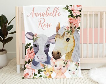 Gepersonaliseerde boerderij babydeken, boerderij babydeken, babymeisje deken, babynaam deken, kraamcadeau, boerderijkwekerij, boerderijdieren