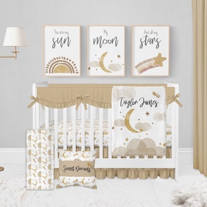 Boho Crib Bedding Set, Gender Neutral Crib Bedding, Boho Nursery, Moon and Stars Crib Bedding, Sun, Clouds, Baby Girl, Baby Boy Crib Bedding