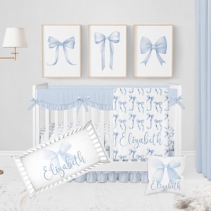 Baby Girl Crib Bedding Set, Blue Bow Crib Bedding Set Girl, Bow Baby Bedding Crib Sets Girl, Coquette Nursery Bedding Set, Blue Crib Bedding