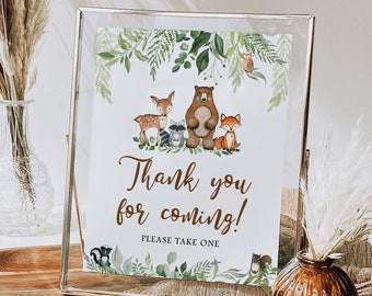 Thank You For Coming Sign, Greenery Woodland Baby Shower Sign Boy, Woodland Animals Forest Baby Shower Favors Sign Printable, Table Sign WS1