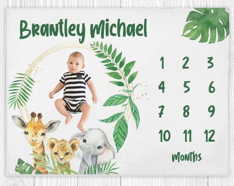 Safari-Tier-Meilenstein-Decke, Baby-Meilenstein-Decke, Meilenstein-Decke Dschungel, Elefant-Decke, personalisierte Babyalters-Decke