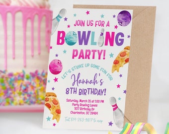 Plantilla editable de invitación para jugar a los bolos, invitación de cumpleaños para niña con temática de bolos, ¡Organiza una divertida fiesta de bolos!, invitación digital para fiesta de cumpleaños con temática de bolos