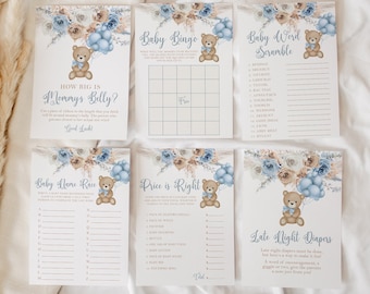 Teddy Bear Baby Shower Games Bundle, Boy Baby Shower Bundle, Blue Boho Baby Shower Games Printable, We Can Bearly Wait Instant Download BTB1