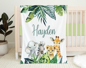 Personalisierte Safari Babydecke, Safari Tiere, Safari Kinderzimmer, Gender Neutral Baby Decke, Baby Shower Geschenk, Giraffe Elefant Decke