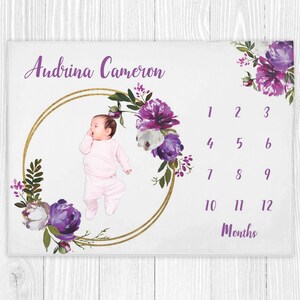 Purple Floral Milestone Blanket, Baby Milestone Blanket Girl, Personalized Baby Girl Milestone Blanket, Baby Shower Gift, Baby Month Blanket