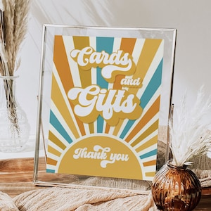 Zonnekaarten en geschenken teken, Boho Sunshine hier komt de zoon baby shower, retro groovy jongen Sunshine baby shower decor Instant Download RSB1