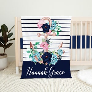Manta náutica personalizada, manta de bebé ancla, manta de nombre de bebé, regalo de baby shower manta personalizada para bebés, cuna náutica para niña