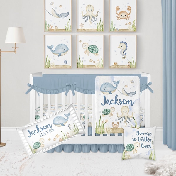Baby Boy Crib Bedding Set, Under The Sea Nursery Bedding Set Boy, Baby Bedding Crib Sets Boy, Nautical Nursery Decor, Ocean Crib Bedding Boy