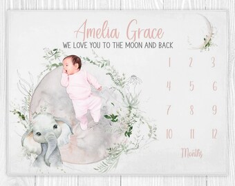 Manta de hito lunar para niña, hasta la luna y de regreso, manta de mes para bebé, regalo para mamá primeriza, manta de elefante para bebé, manta de hito mensual para bebé