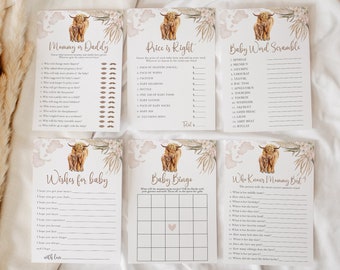 Könnte beinhalten: Ein Satz druckbarer Babyparty-Spiele mit einem Hochlandrind-Design. Die Spiele beinhalten "Mama oder Papa", "Preis ist richtig", "Baby-Wortsalat", "Wünsche für Baby", "Baby-Bingo" und "Wer kennt Mama am besten".