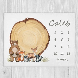 Woodland Milestone Blanket, Baby Boy Milestone Blanket, Baby Shower Gift New Mom Gift Baby Month Blanket, Personalized Woodland Baby Blanket