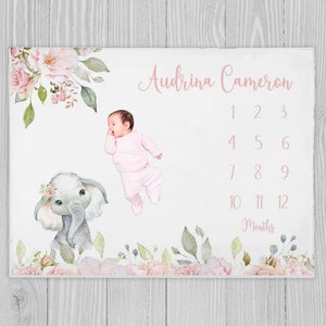 Baby Girl Milestone Blanket, Personalized Baby Month Blanket, New Mom Gift, Baby Shower Gift, Baby Growth Tracker Blanket, Floral Elephant