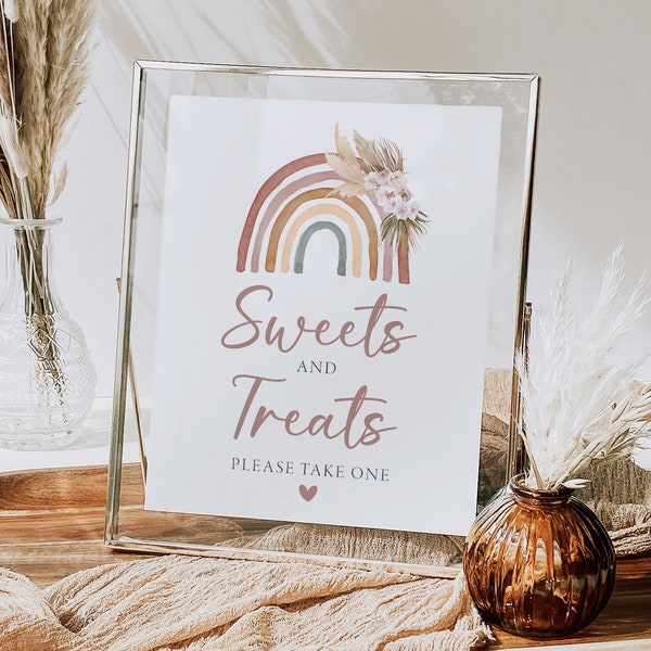 Boho Rainbow Sweets & Treats Sign, Bohemian Rainbow Baby Shower Printable Desserts Sign, Boho Baby Shower Decoration, Instant Download BOHB1