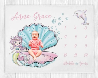 Mermaid Milestone Blanket, Personalized Baby Girl Milestone Blanket, Baby Month Blanket, Baby Shower Gift, Baby Monthly Milestone Blanket