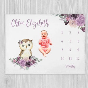 Floral Owl Milestone Blanket Purple Floral Month Blanket Personalized Baby Girl Woodland Milestone Blanket Owl Baby Girl Shower Gift SM575 Etsy